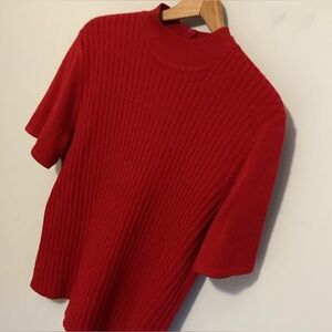 Vintage Koret Red Fitted Short Sleeve Sweater, Size Large, Ribbed, Mock Neck